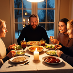 A warmly lit dining table in a Swedish home, set with traditional family dishes. Candles are lit, and family members are enjoying a meal together, focusing on the food and each other, free from digital devices. The scene emphasizes the importance of community and shared experience during meal times.
