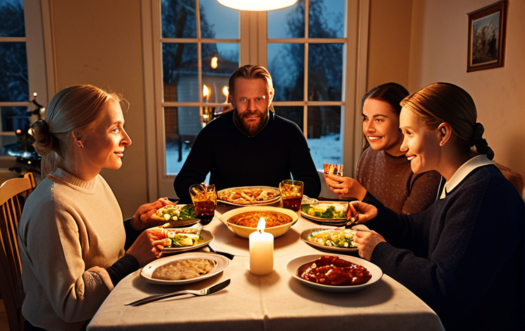 A warmly lit dining table in a Swedish home, set with traditional family dishes. Candles are lit, and family members are enjoying a meal together, focusing on the food and each other, free from digital devices. The scene emphasizes the importance of community and shared experience during meal times.